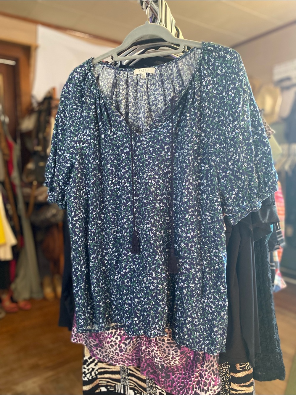 Angels Navy Floral Tie-Front Peasant Blouse